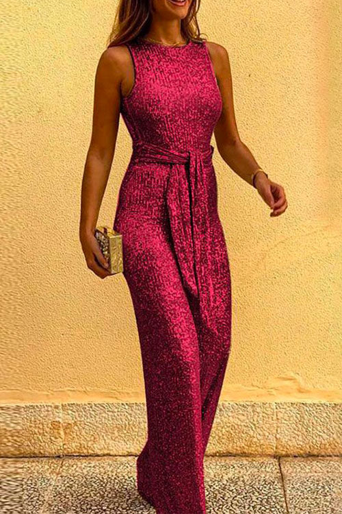 Drune | Rosiedress Rundhals Ärmellos Mit Bindegürtel Pailletten Jumpsuit