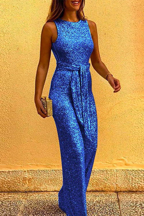 Drune | Rosiedress Rundhals Ärmellos Mit Bindegürtel Pailletten Jumpsuit