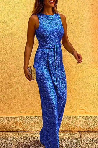 Drune | Rosiedress Rundhals Ärmellos Mit Bindegürtel Pailletten Jumpsuit