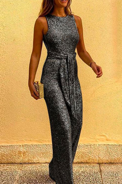 Drune | Rosiedress Rundhals Ärmellos Mit Bindegürtel Pailletten Jumpsuit