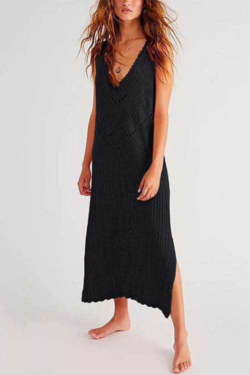 Drune | Rosiedress Ärmelloses Hollow-Out-Seitenschlitz-Cover-Up-Kleid