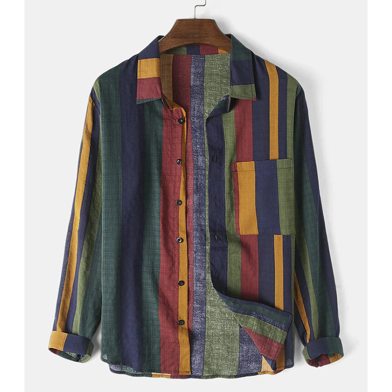 Herren nan lässiges Leinenhemd mit vertikalen Blockstreifen und Brusttasche Drune