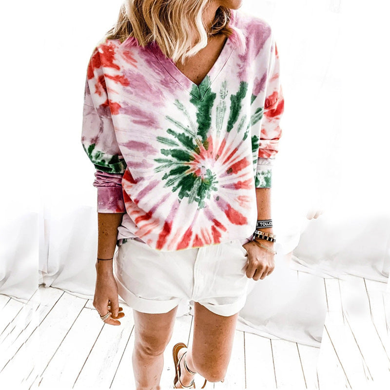 Damen Lässiges Batik-V‑Ausschnitt Sweatshirt mit lockerer Passform Drune