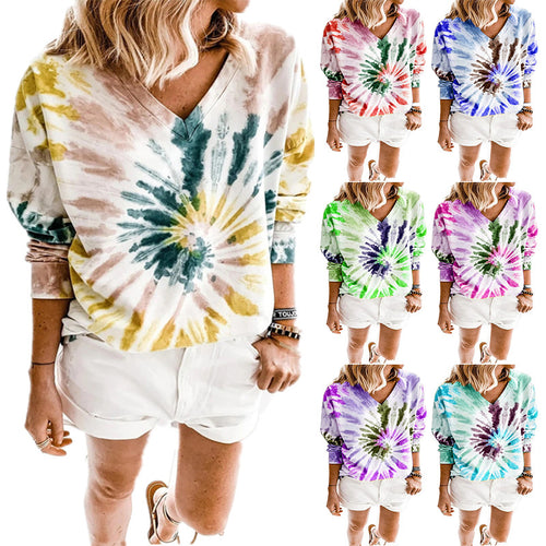 Damen Lässiges Batik-V‑Ausschnitt Sweatshirt mit lockerer Passform Drune