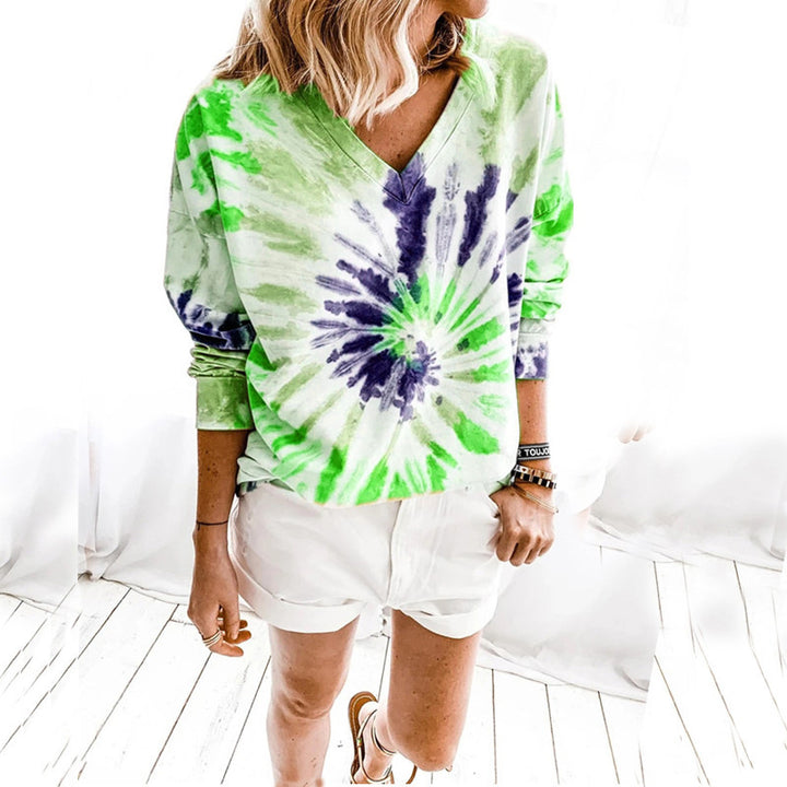 Damen Lässiges Batik-V‑Ausschnitt Sweatshirt mit lockerer Passform Drune