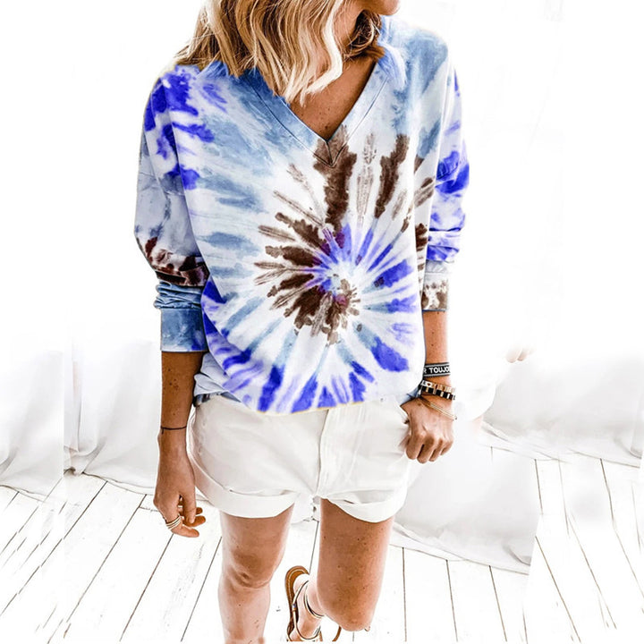 Damen Lässiges Batik-V‑Ausschnitt Sweatshirt mit lockerer Passform Drune