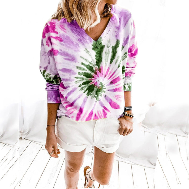 Damen Lässiges Batik-V‑Ausschnitt Sweatshirt mit lockerer Passform Drune