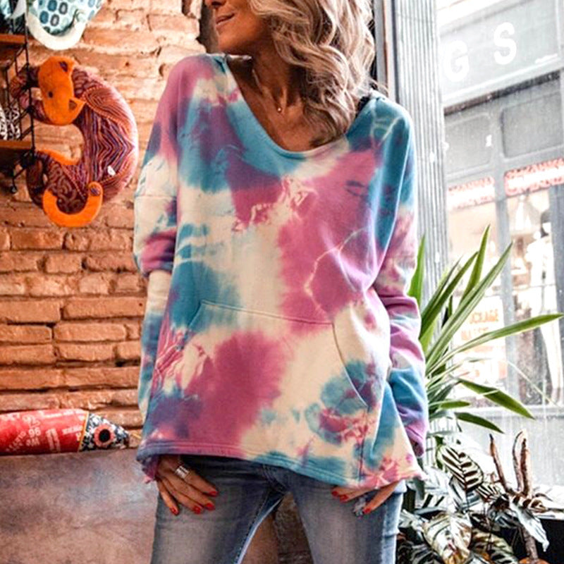 Damen Oversize Batik-Pullover mit V-Ausschnitt und Kängurutasche Drune