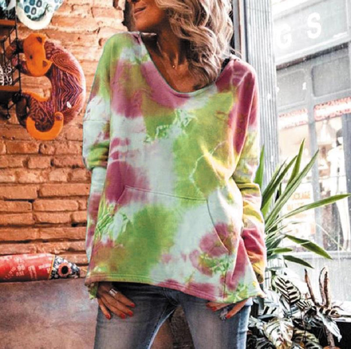 Damen Oversize Batik-Pullover mit V-Ausschnitt und Kängurutasche Drune