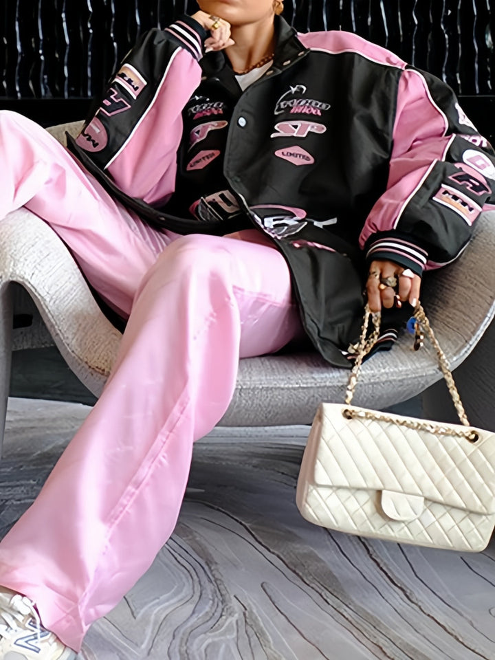 Drune | Black Pink Raglan Moto Jacke Mit Gedrucktem Slogan