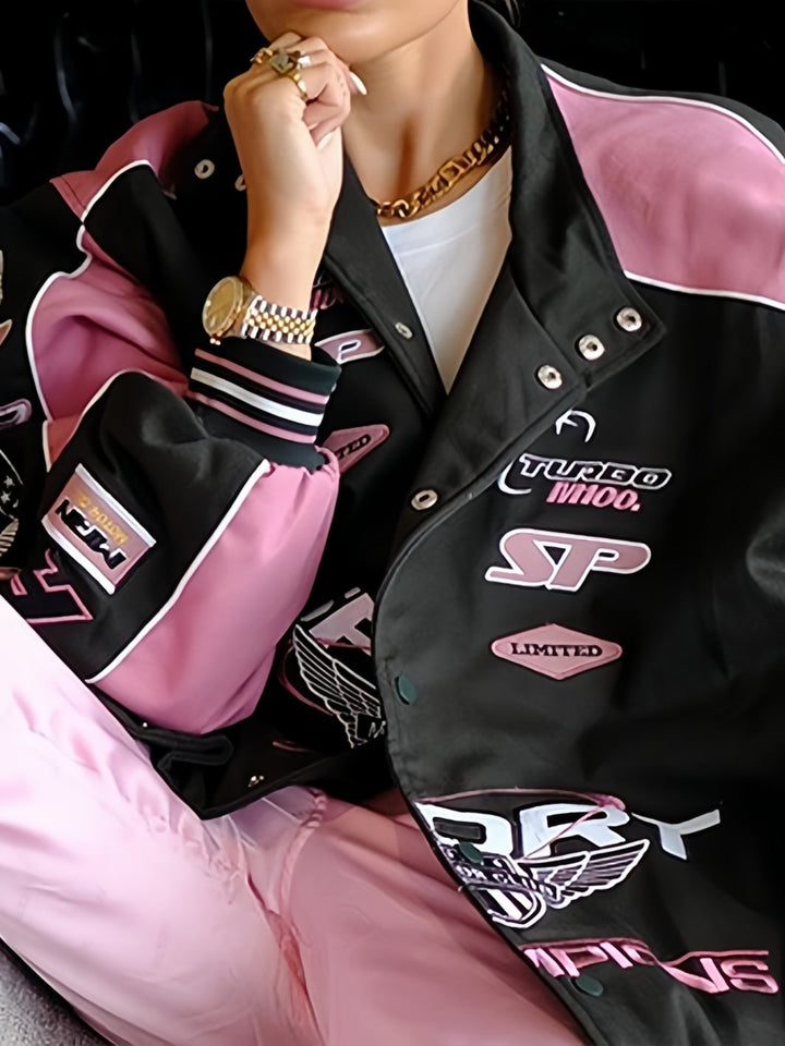 Drune | Schwarze Pink Raglan-Motojacke mit bedrucktem Slogan
