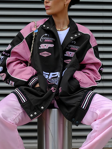 Drune | Black Pink Raglan Moto Jacke Mit Gedrucktem Slogan