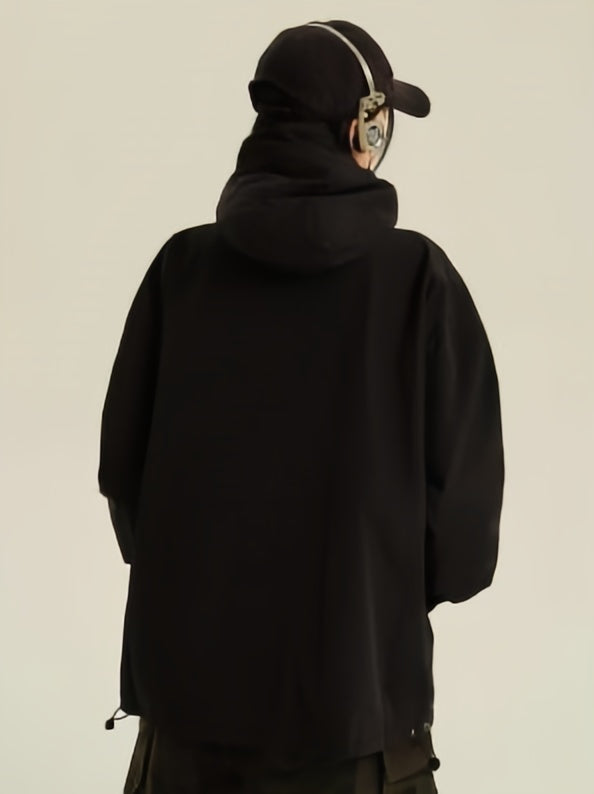 Drune | retro schwarze wasserdichte Outdoorjacke mit Kapuze