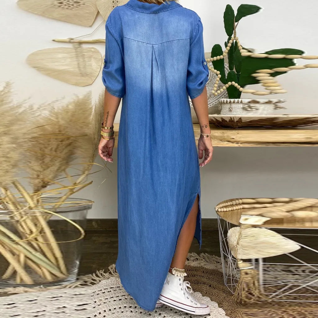Drune | Lässiges Denim Maxikleid Mit Kragen Für Damen