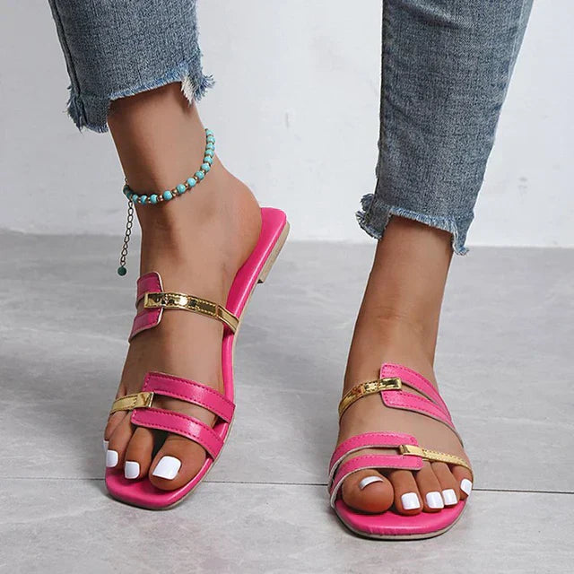 Drune - stylische flache Sandalen mit trendigem Design | Sandalen mit mehreren Riemen über dem Fuß für Damen