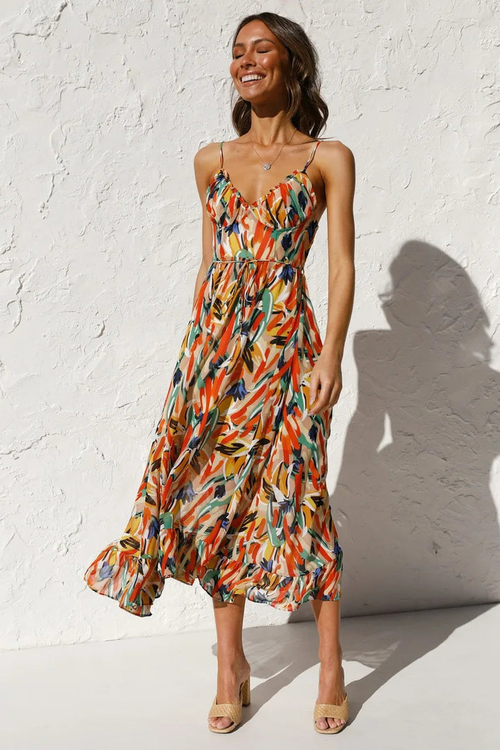 Drune Sommerkleid | Midi Damenkleid mit offenem Rücken und Ausschnitt, bedruckt
