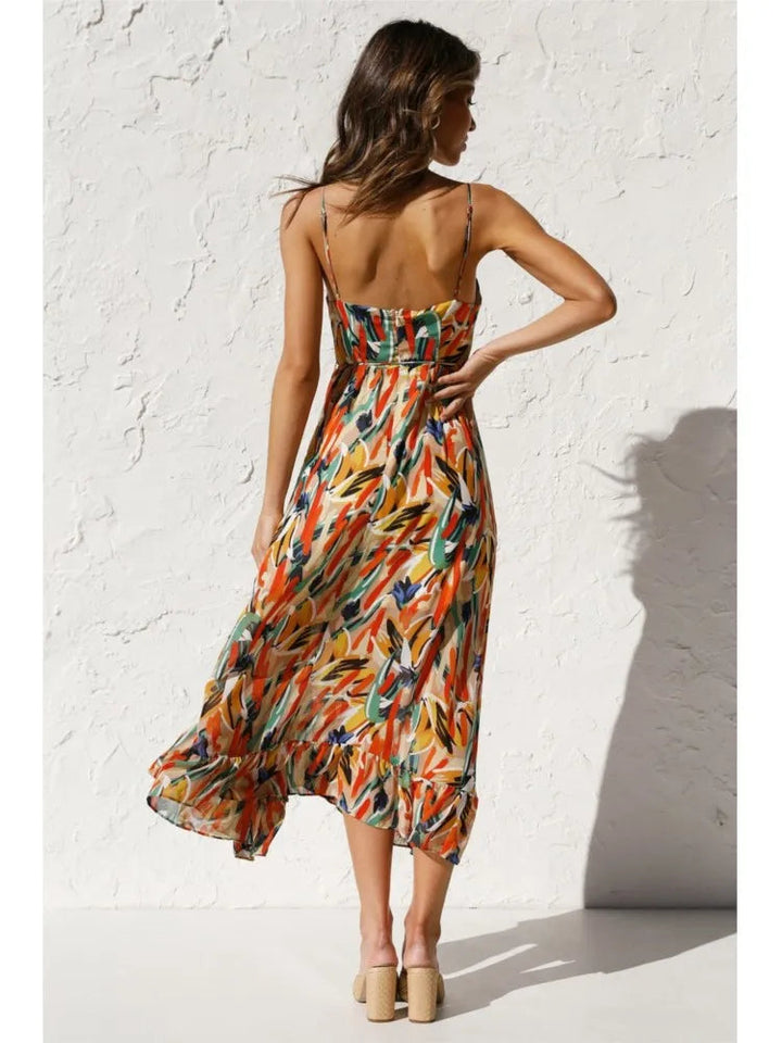 Drune Sommerkleid | Midi Damenkleid mit offenem Rücken und Ausschnitt, bedruckt