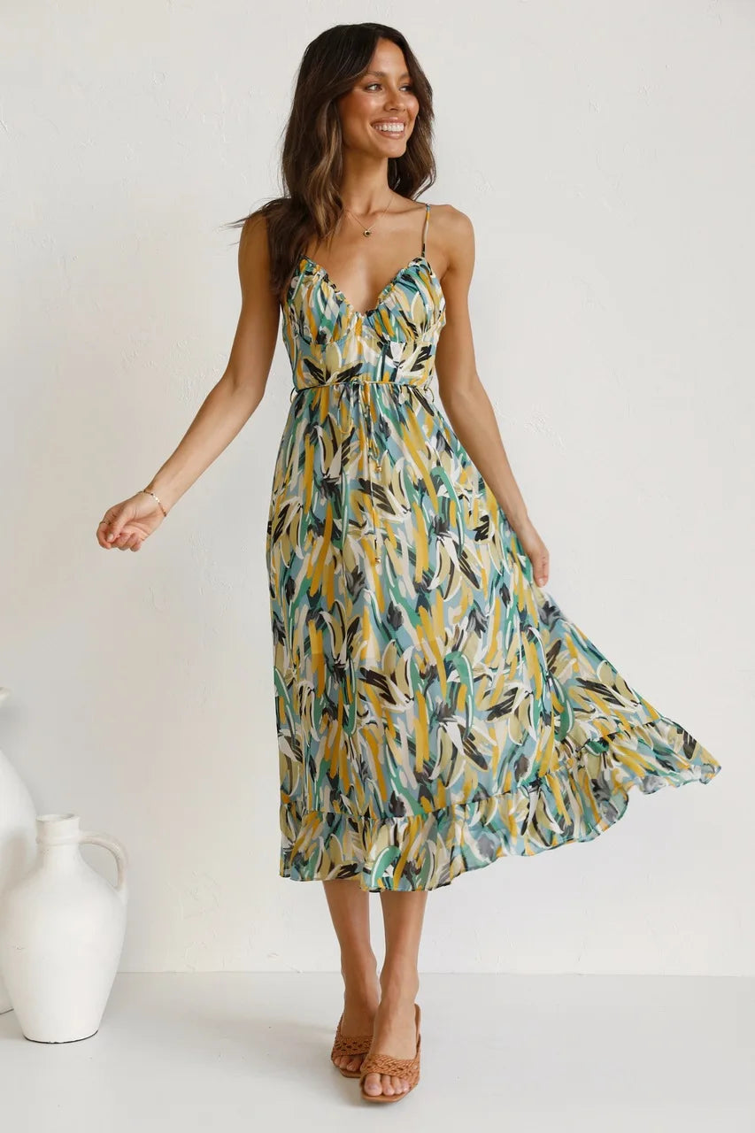 Drune Sommerkleid | Midi Damenkleid mit offenem Rücken und Ausschnitt, bedruckt