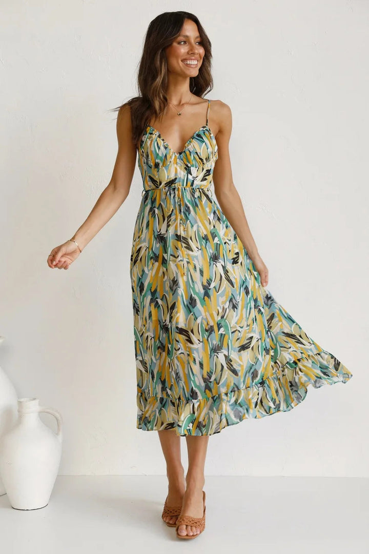 Drune Sommerkleid | Midi Damenkleid mit offenem Rücken und Ausschnitt, bedruckt