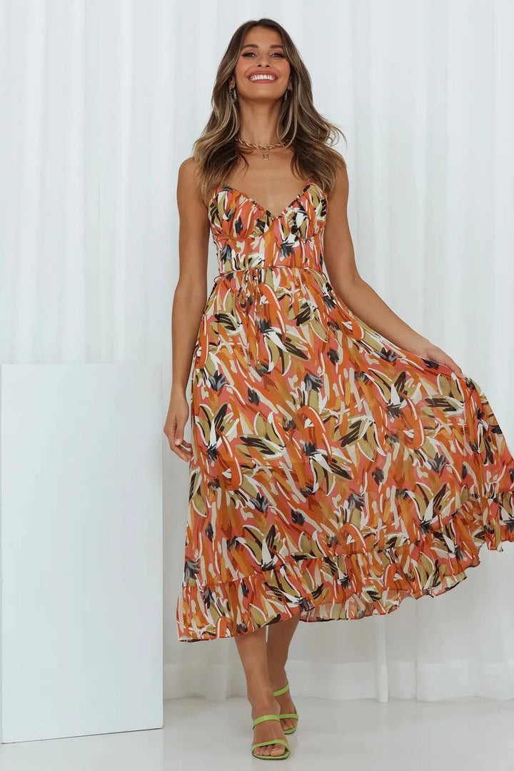Drune Sommerkleid | Midi Damenkleid mit offenem Rücken und Ausschnitt, bedruckt