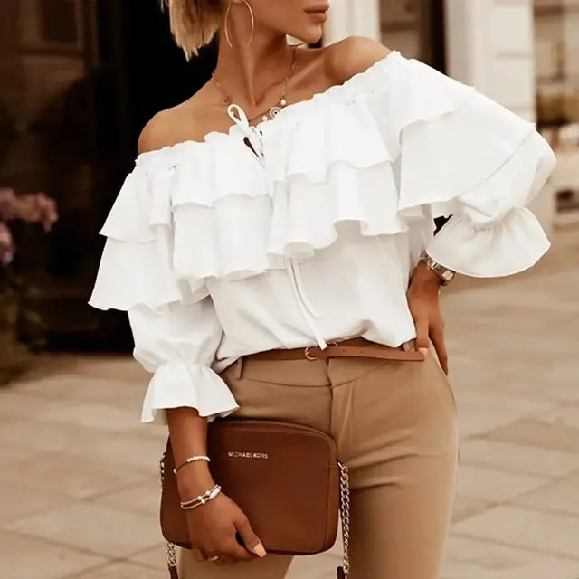 Drune - Damen Bluse aus lockerem Chiffon mit Schulterfreiheit und Volantkante, elastischem Schultergurt