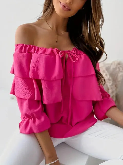 Drune - Damen Bluse aus lockerem Chiffon mit Schulterfreiheit und Volantkante, elastischem Schultergurt