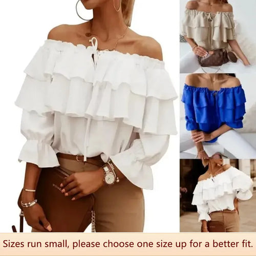 Drune - Damen Bluse aus lockerem Chiffon mit Schulterfreiheit und Volantkante, elastischem Schultergurt