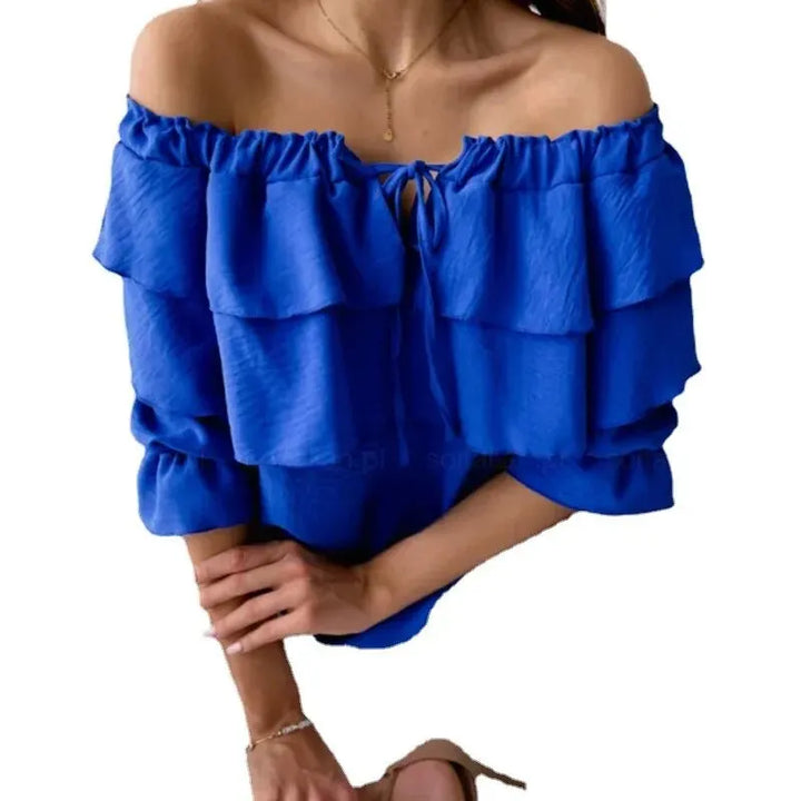 Drune - Damen Bluse aus lockerem Chiffon mit Schulterfreiheit und Volantkante, elastischem Schultergurt