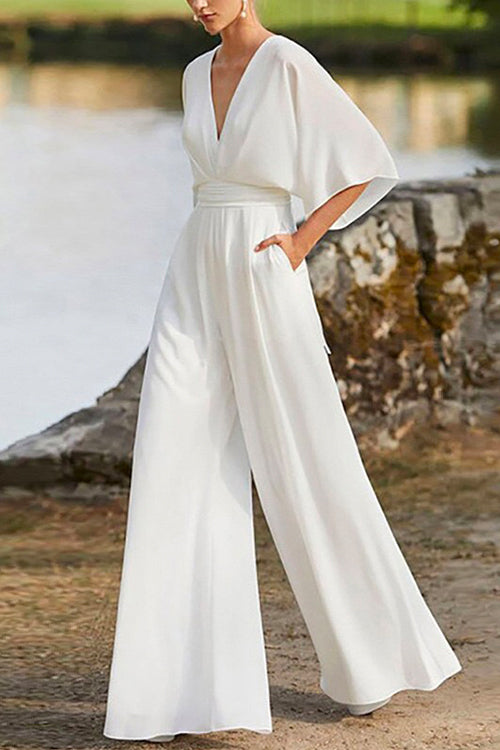 Drune | Rosiedress Tiefes V-Ausschnitt Hohe Taille Weitbeiniger Overall