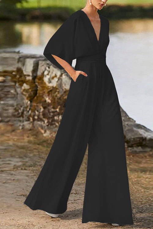 Drune | Rosiedress Tiefes V-Ausschnitt Hohe Taille Weitbeiniger Overall