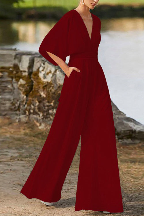 Drune | Rosiedress Tiefes V-Ausschnitt Hohe Taille Weitbeiniger Overall