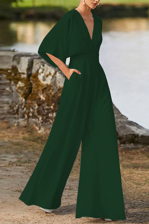 Drune | Rosiedress Tiefes V-Ausschnitt Hohe Taille Weitbeiniger Overall