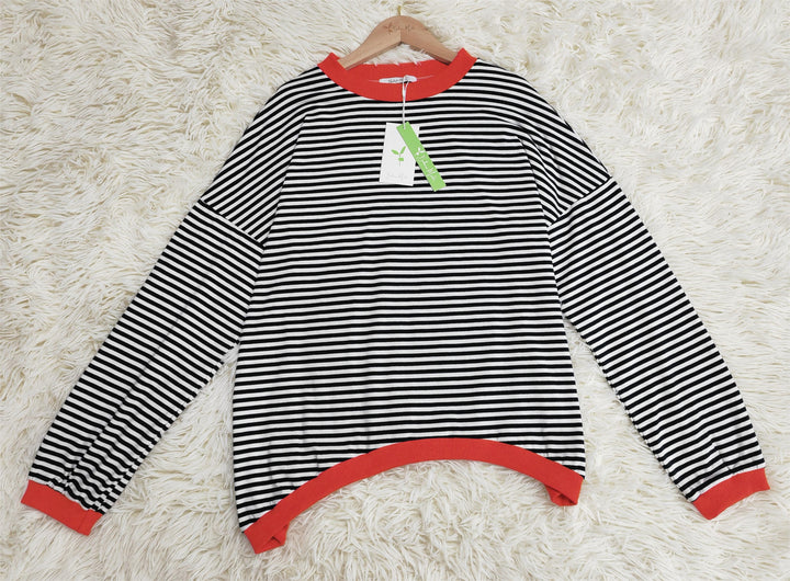 Drune | Orange, Marineblau und Weiß Gestreifter Langarmpullover