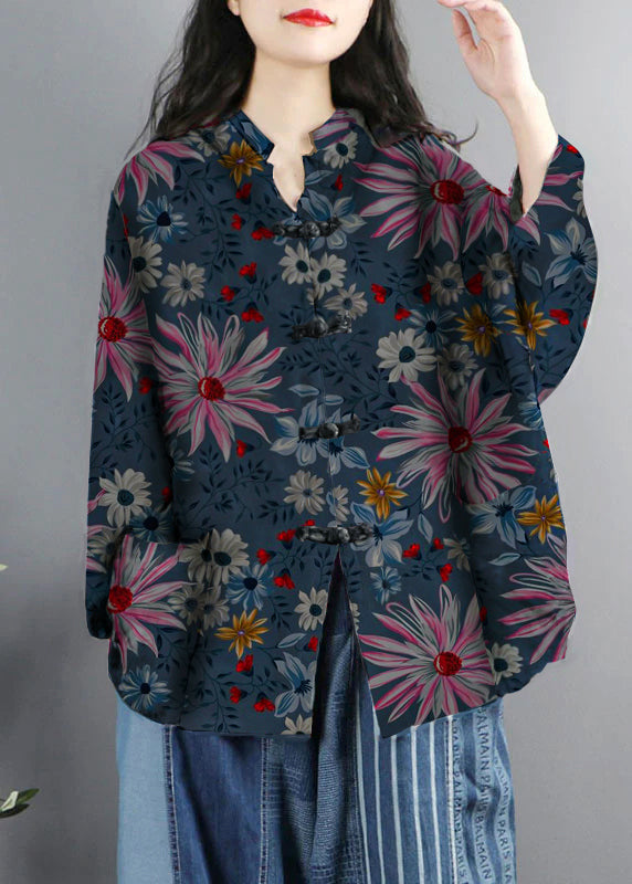 Drune | Stil Lila Druck Taschen Knopf Patchwork Baumwolle Mäntel Lange Ärmel