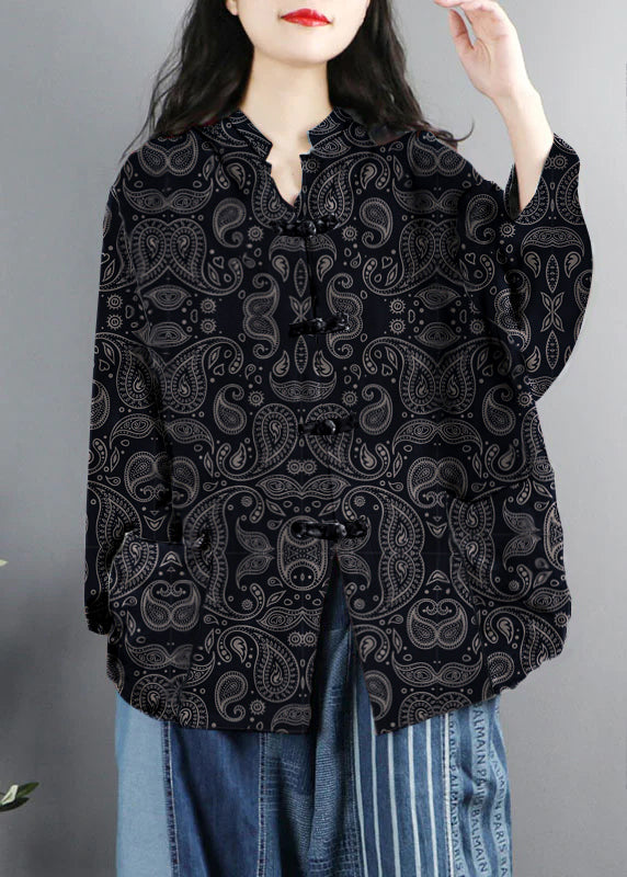 Drune | Stil Schwarz-Geist Druck Taschen Knopf Patchwork Baumwolle Mäntel Lange Ärmel