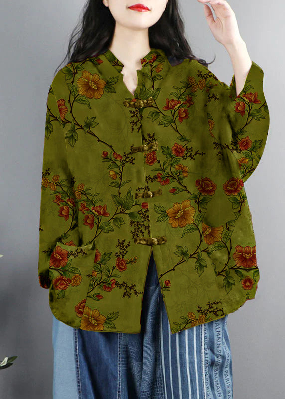 Drune | Stil Lila Druck Taschen Knopf Patchwork Baumwolle Mäntel Lange Ärmel
