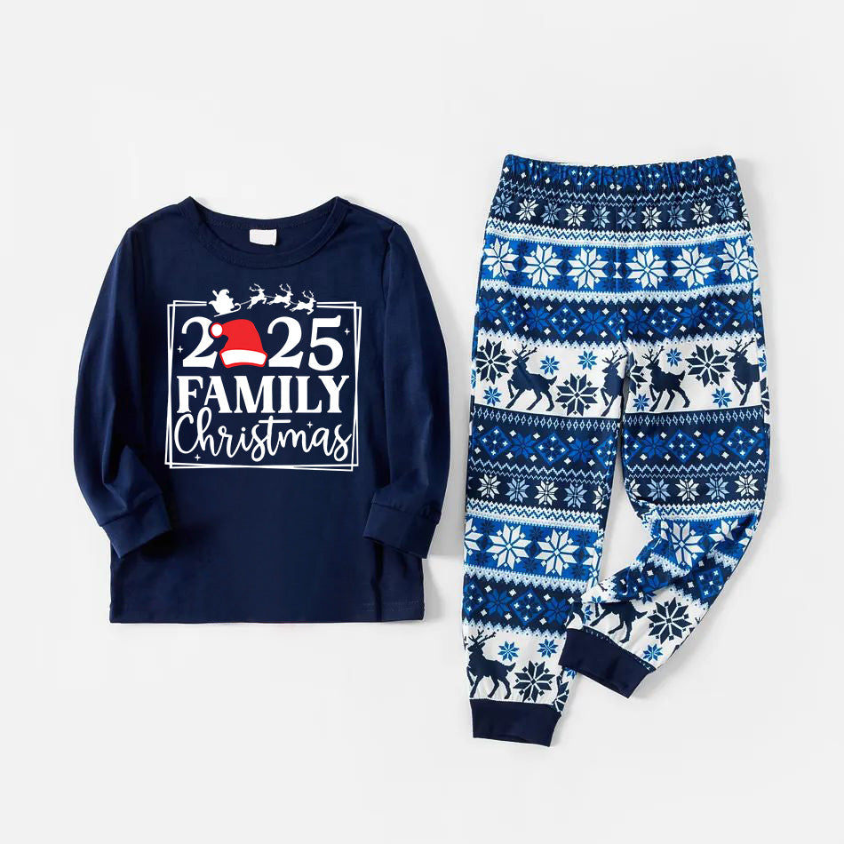 Drune | "Familie 2025 Weihnachten" Text und Weihnachtsmann-Hut Druck Blaue Familien passende Pyjamas