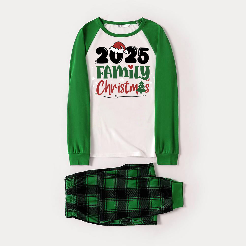 Drune | Santa Hut und Familie Weihnachten 2025 Druck Langarmoberteil mit grünem & schwarzem karierter Weihnachten passende Pyjamas
