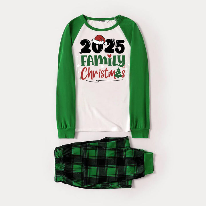 Drune | Santa Hut und Familie Weihnachten 2025 Druck Langarmoberteil mit grünem & schwarzem karierter Weihnachten passende Pyjamas