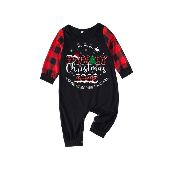Drune | Süßer Elch und "2025 Familienweihnachten" Textdruck Schwarz & Rot Karierter Weihnachts-Pyjama
