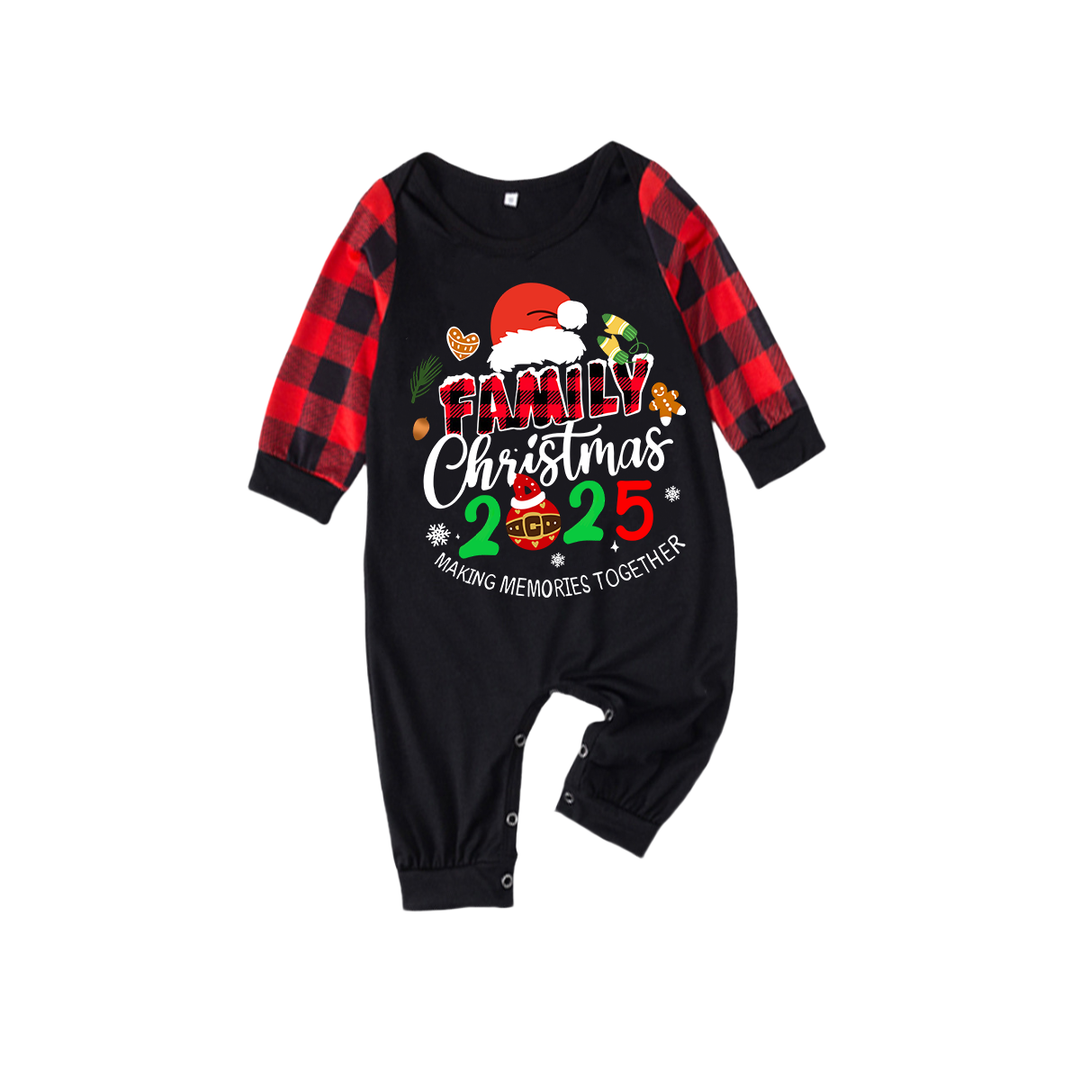 Drune | Weihnachtsmannmütze und "2025 Familienweihnachten" Textdruck Schwarz & Rot Karierter Weihnachts-Pyjama