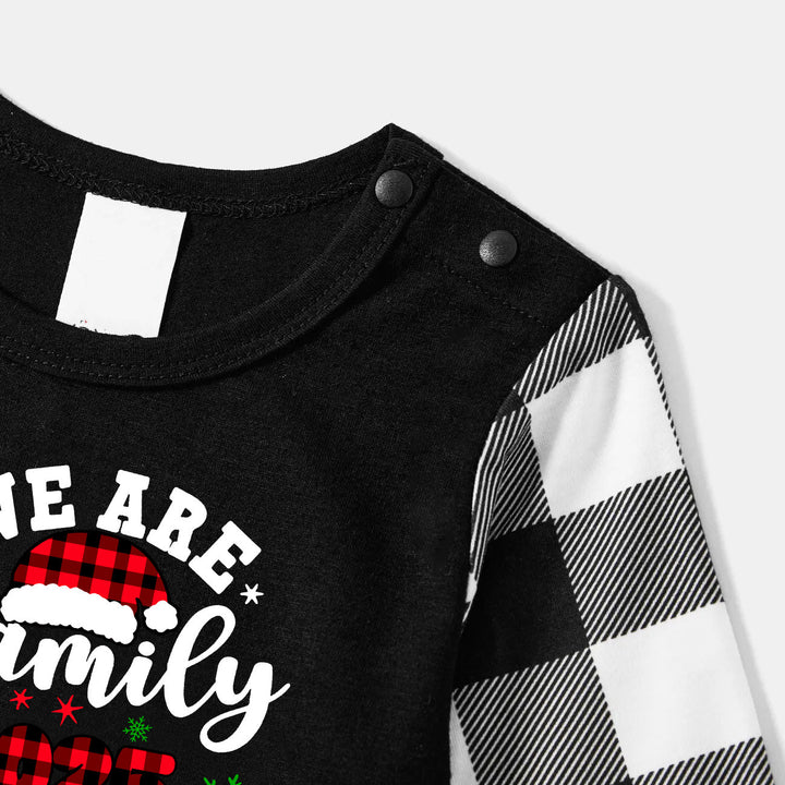 Drune | "Wir sind Familie2025" Santa Hut Monogramm Druck Schwarz Langarmshirt mit Schwarz-Weiß karierten Hosen Familien passende Pyjamas
