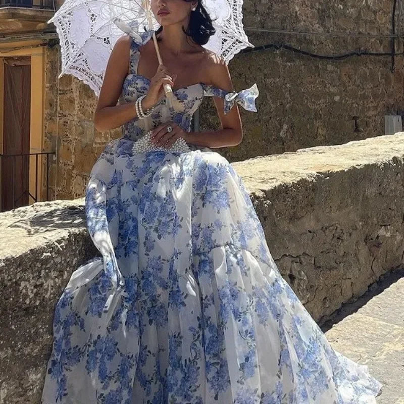Drune | Vintage Blaues Blumenprint-Schulterfreies Abendkleid
