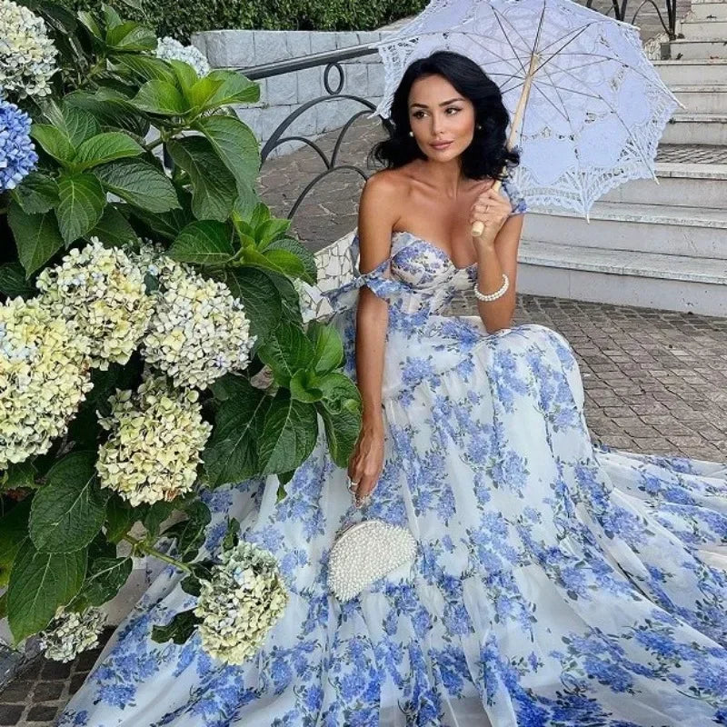Drune | Vintage Blaues Blumenprint-Schulterfreies Abendkleid