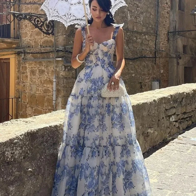 Drune | Vintage Blaues Blumenprint-Schulterfreies Abendkleid