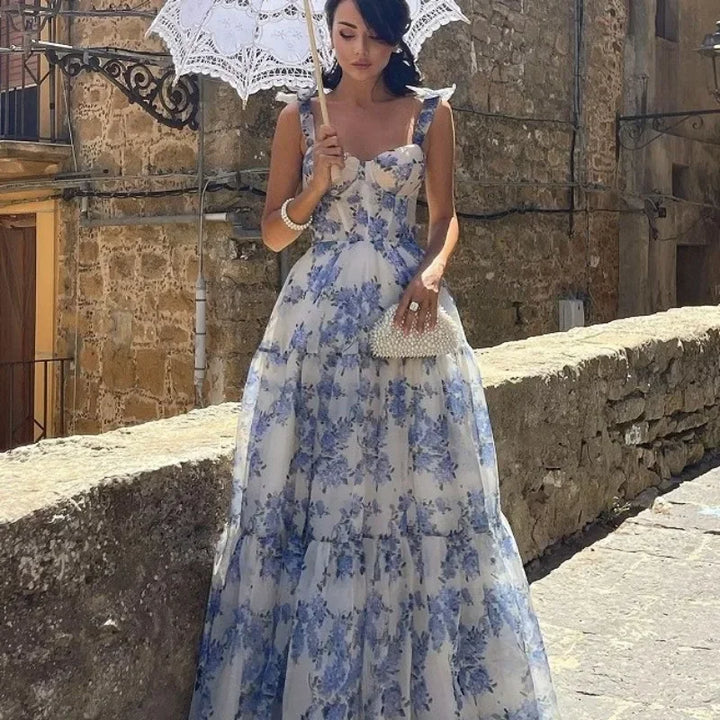 Drune | Vintage Blaues Blumenprint-Schulterfreies Abendkleid