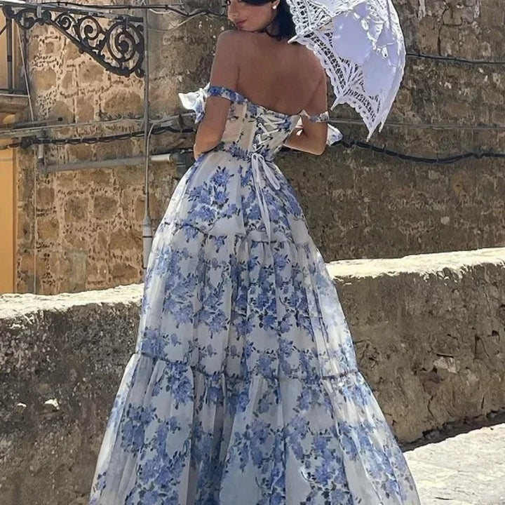 Drune | Vintage Blaues Blumenprint-Schulterfreies Abendkleid