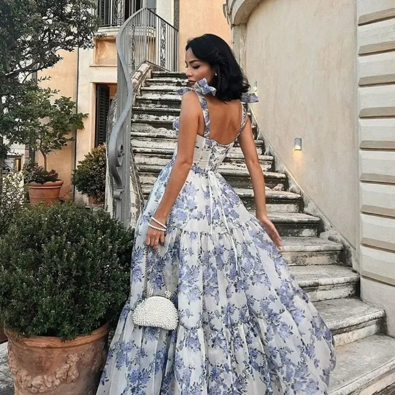 Drune | Vintage Blaues Blumenprint-Schulterfreies Abendkleid