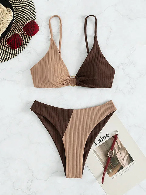 Drune | Zwei-Farbiger Gerippter Bikini mit Hoher Taille für Damen