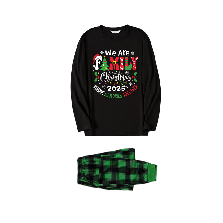 Drune | "Wir sind Familie" 2025 Weihnachtskranz - Schwarzes Langarmshirt mit schwarzen und grünen karierten Hosen Familien passende Schlafanzüge